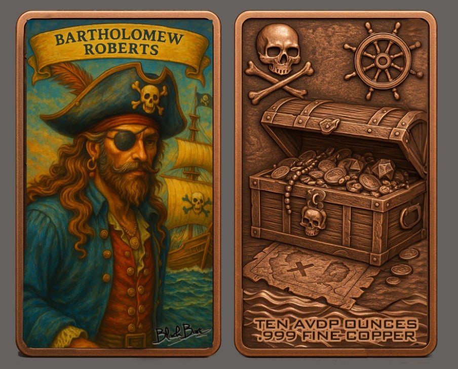 10oz .999 ADVP Copper Bullion Bar Pirate Captains "Black Bart" - Captain’s Chest Bullion