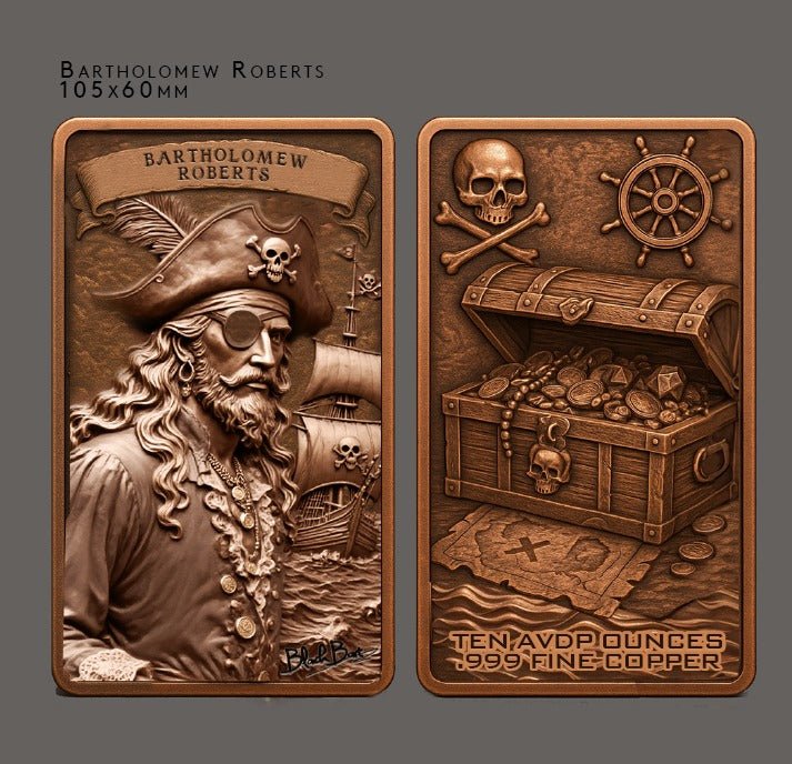 10oz .999 ADVP Copper Bullion Bar Pirate Captains "Black Bart" - Captain’s Chest Bullion