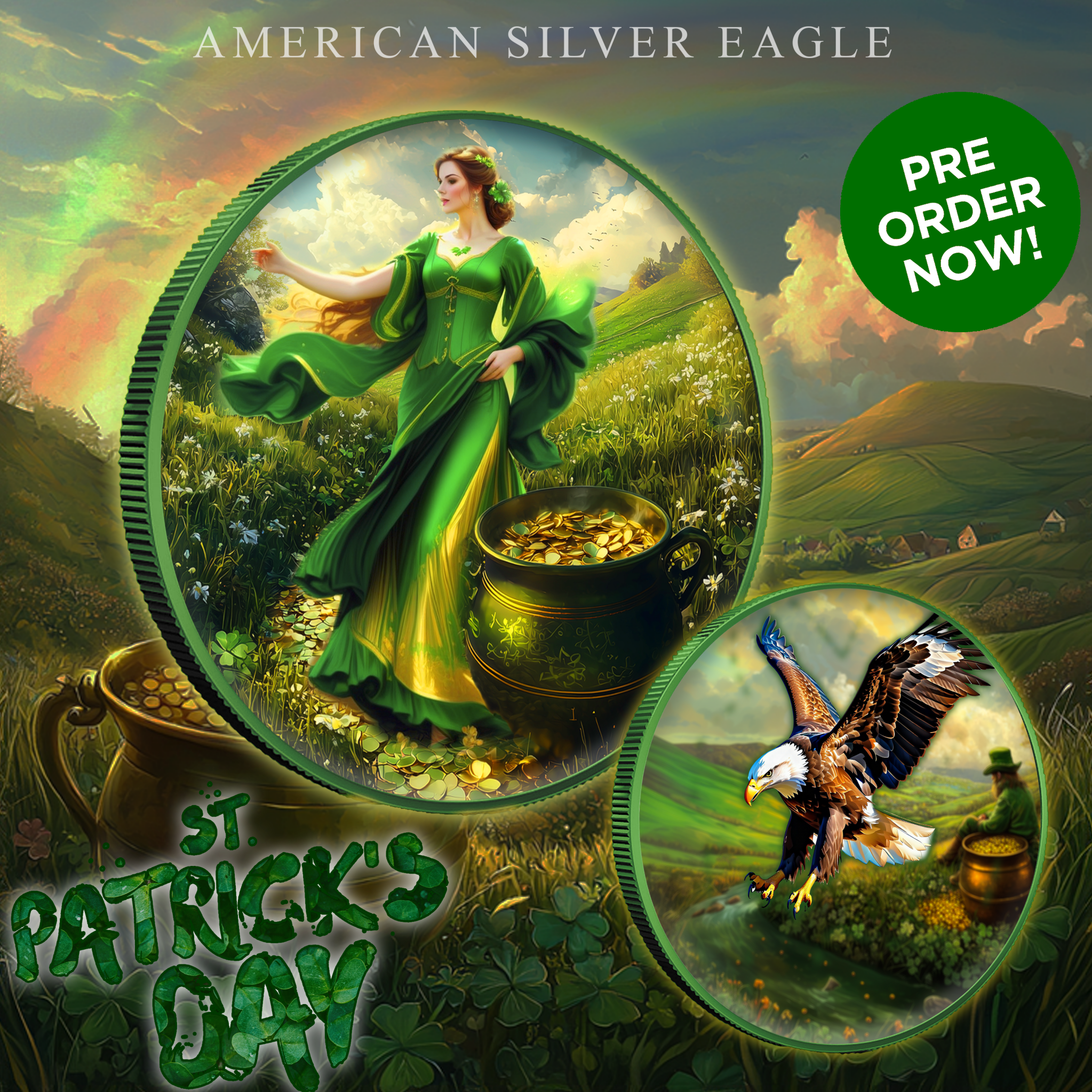 2024 Silver Eagle St. Patricks Day Edition 1oz .999 Silver Coin - Captain’s Chest Bullion
