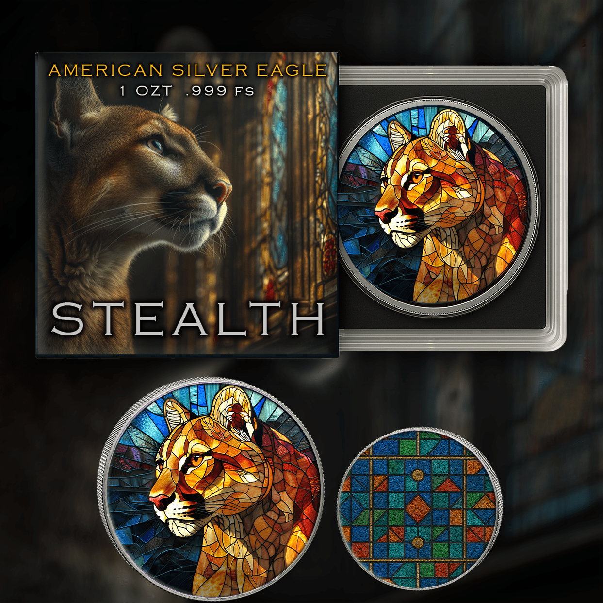 2025 Silver Eagle Mosaic Cougar "Stealth" 1oz Colorized .999 Silver Coin - Captain’s Chest Bullion