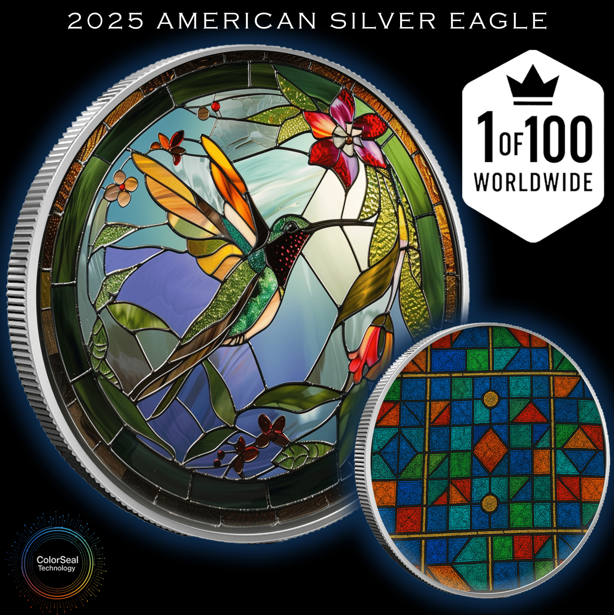 2025 Silver Eagle Mosaic Hummingbird "Nectar" 1oz Colorized .999 Silver Coin - Captain’s Chest Bullion