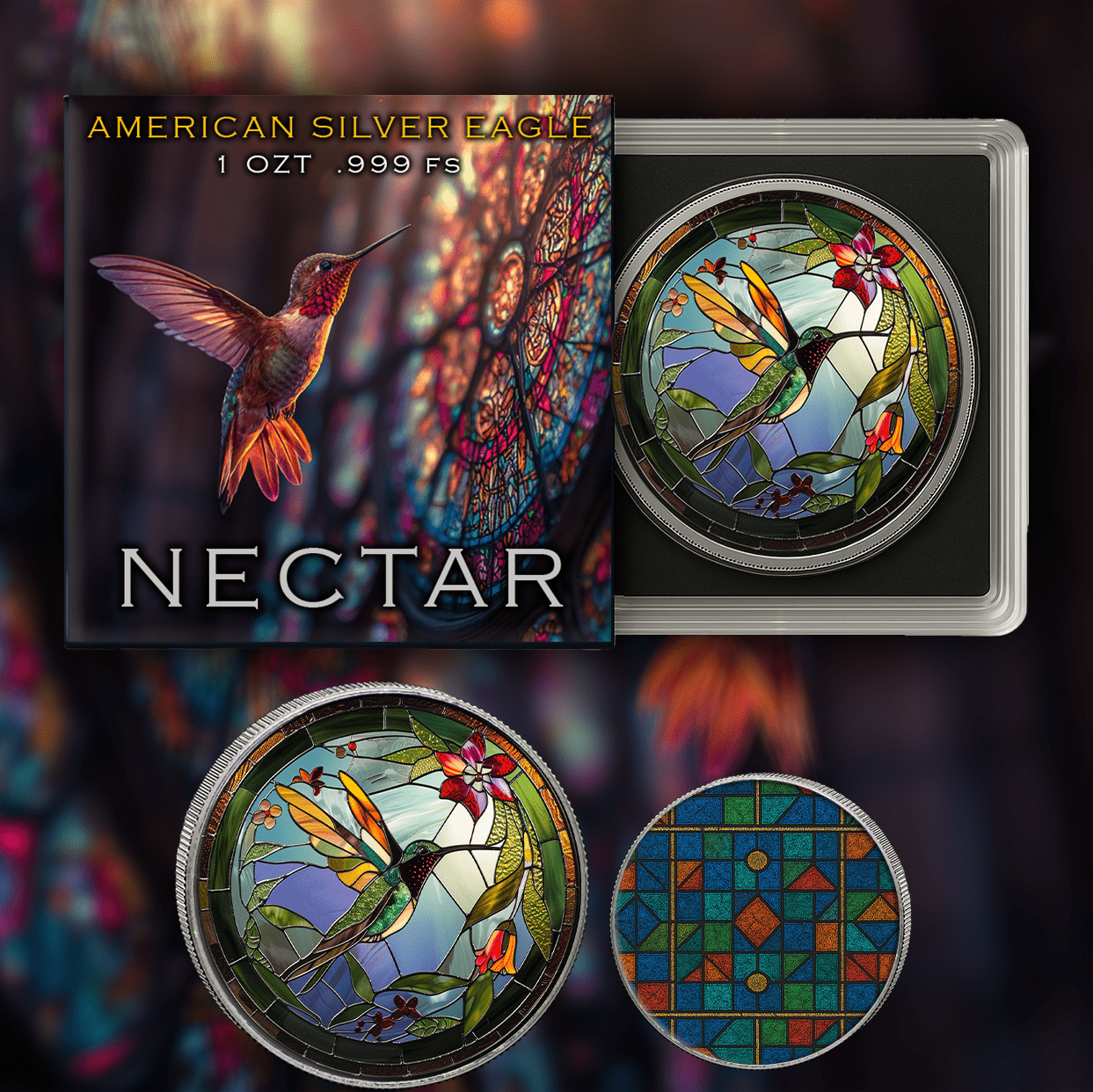 2025 Silver Eagle Mosaic Hummingbird "Nectar" 1oz Colorized .999 Silver Coin - Captain’s Chest Bullion