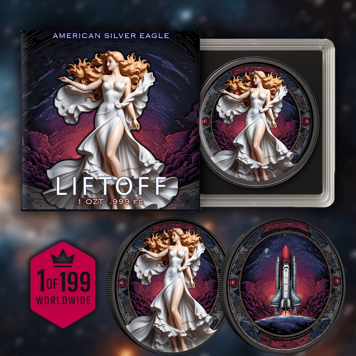 2025 Silver Eagle Rhodium Plated "Liftoff" Colorized 1oz .999 Silver Coin - Captain’s Chest Bullion