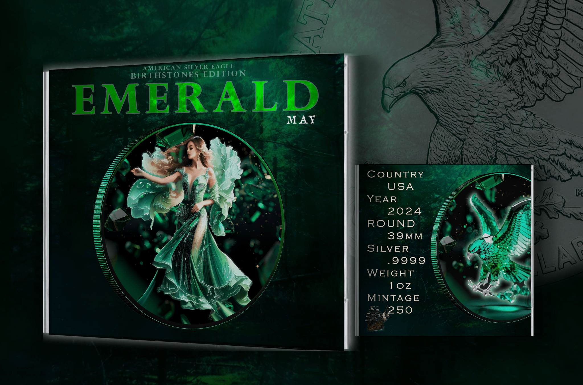 2024 Silver Eagle Colorized Month Emerald 1oz .999 Silver Coin - Captain’s Chest Bullion