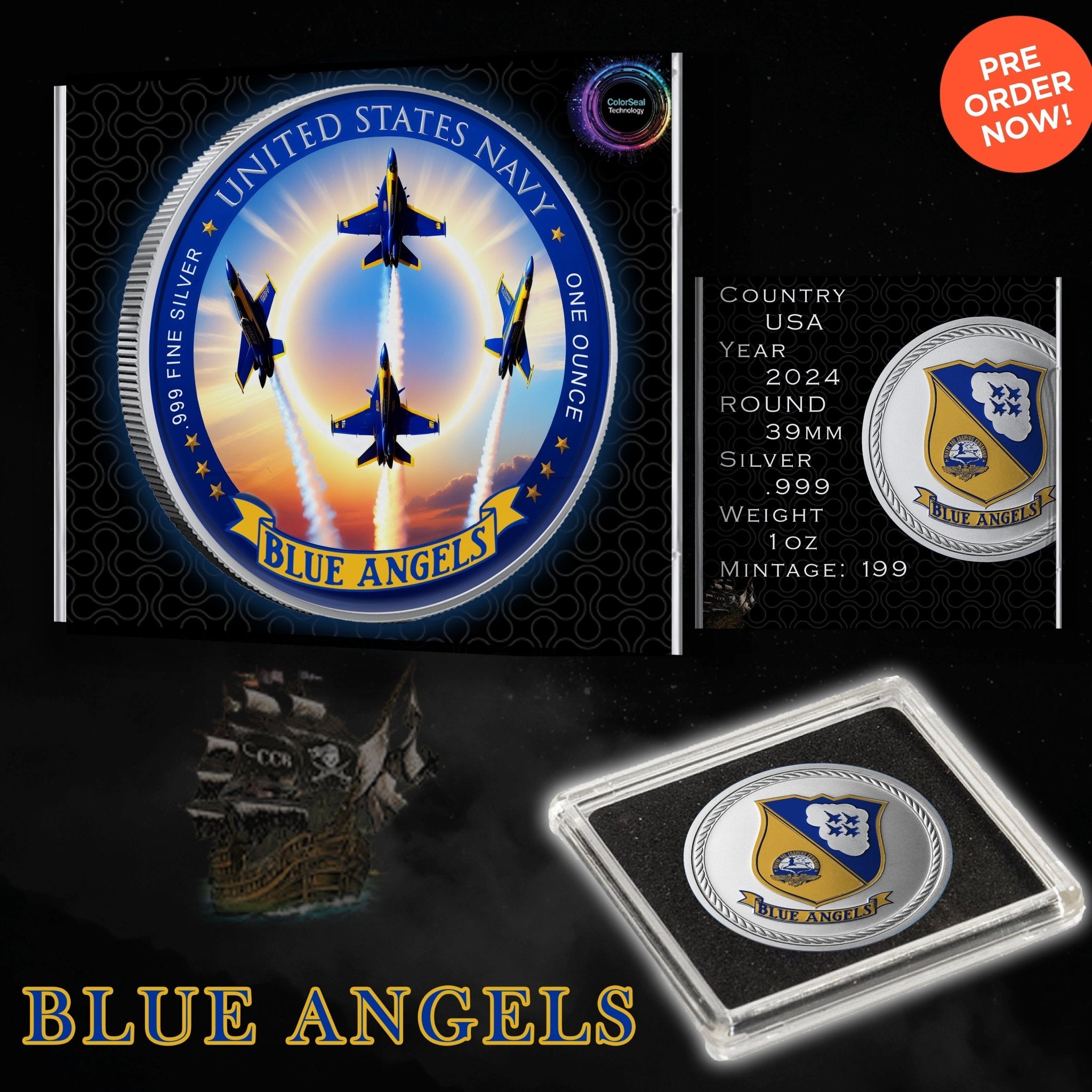 2025 Colorized Blue Angels Minted .999 Silver Medal - Captain’s Chest Bullion