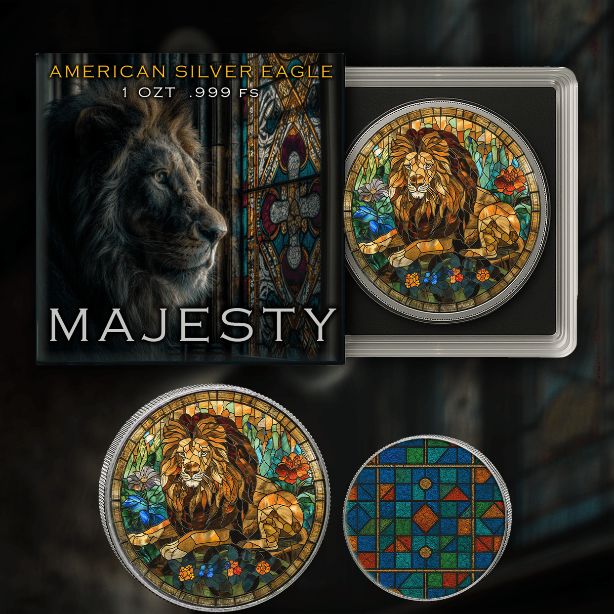2025 Silver Eagle Mosaic Lion "Majesty" 1oz Colorized .999 Silver Coin - Captain’s Chest Bullion