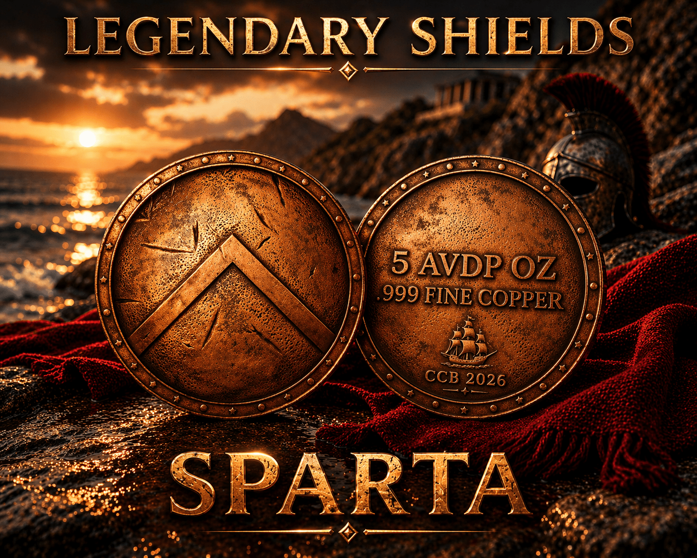 2026 Legendary Shields Sparta .999 5oz Copper Shield - Captain’s Chest Bullion